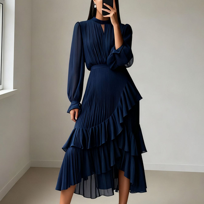 Elegante vestido midi plisado con volante