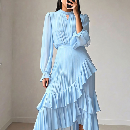 Elegante vestido midi plisado con volante