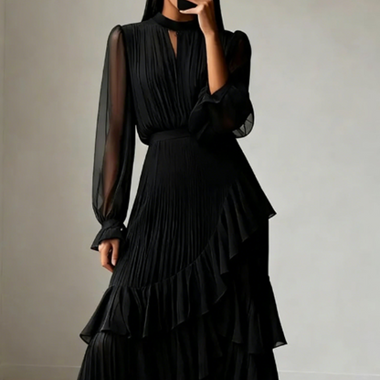 Elegante vestido midi plisado con volante
