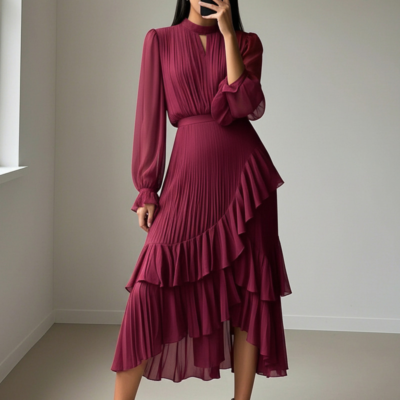 Elegante vestido midi plisado con volante