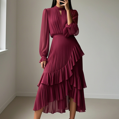 Elegante vestido midi plisado con volante