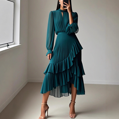 Elegante vestido midi plisado con volante